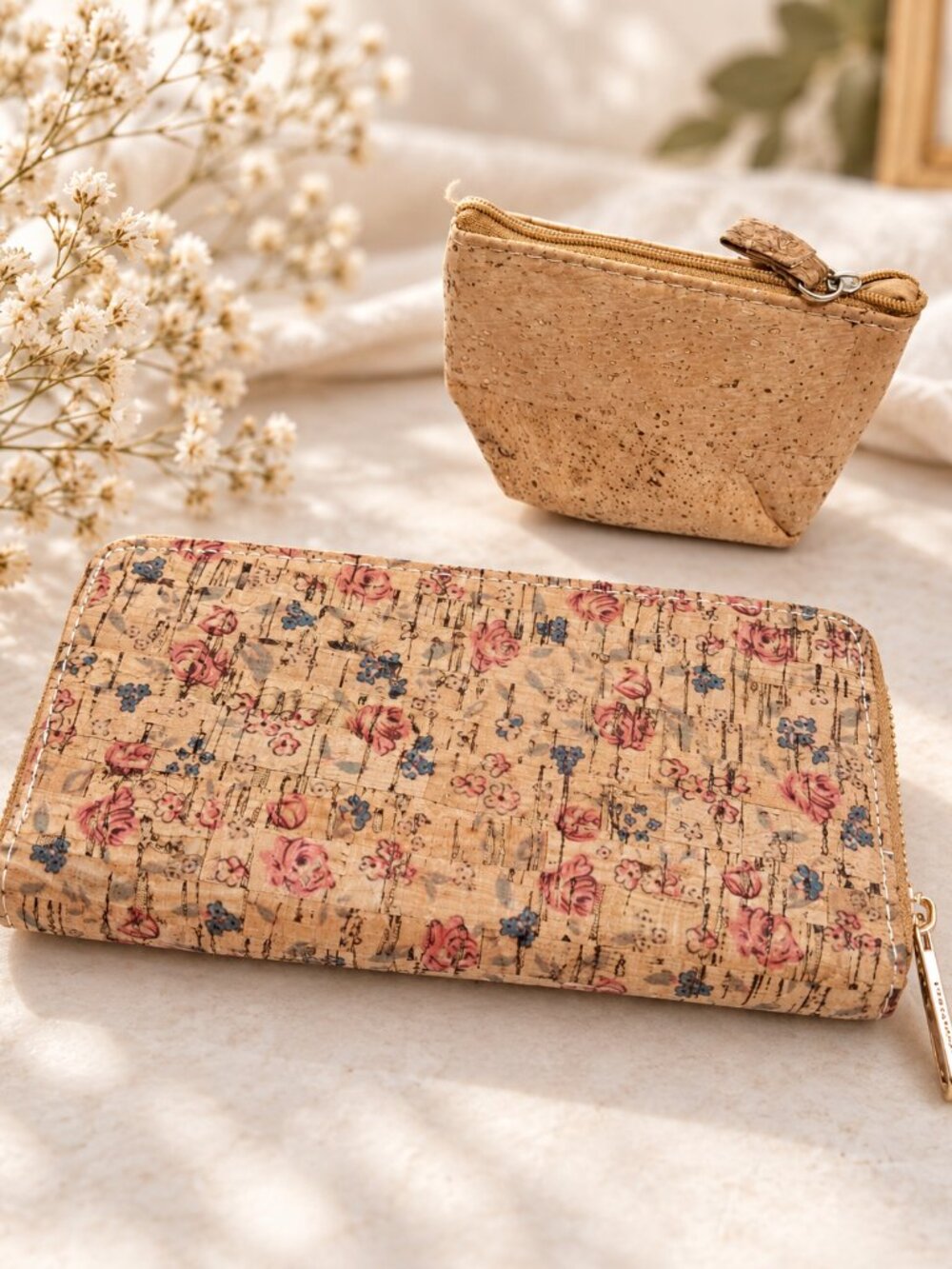 Vegan Cork Floral Wallet & Coin Pouch Set
